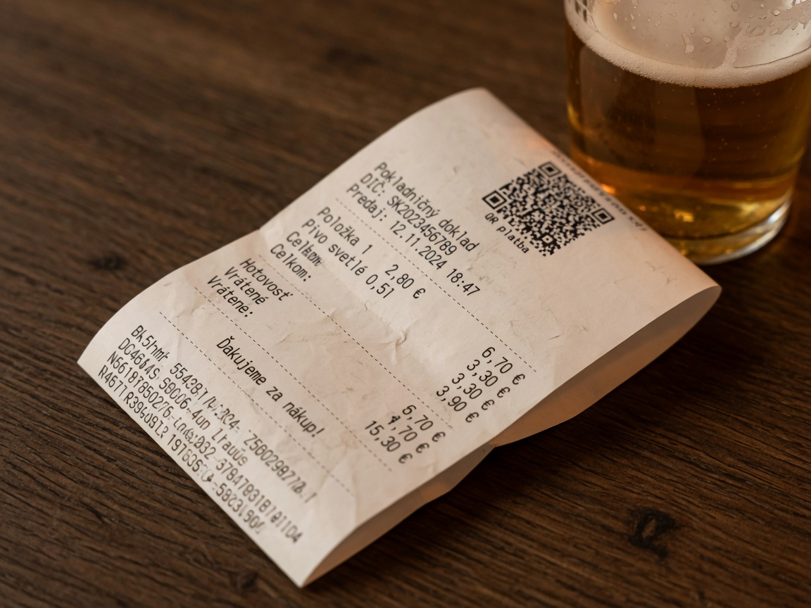 Pokladničný doklad s QR kódom vedľa piva