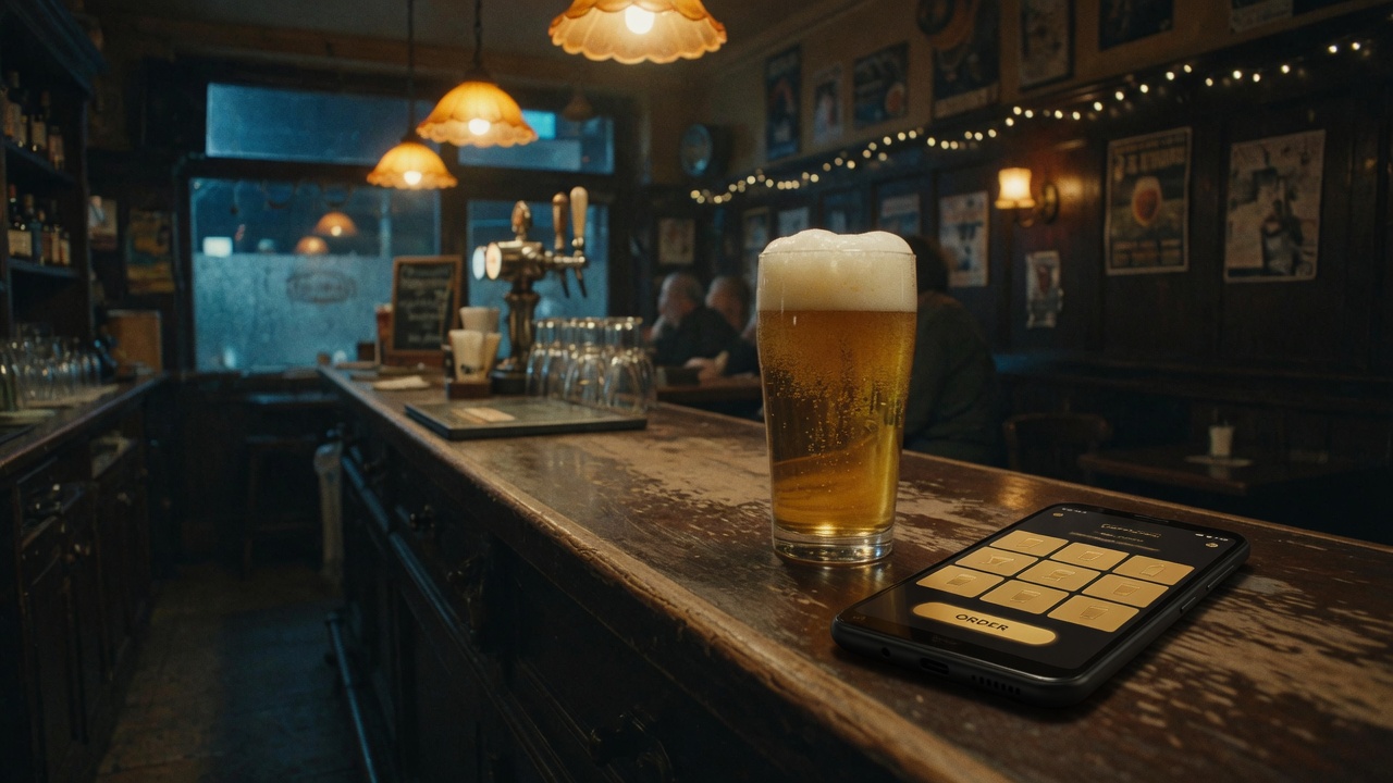 Bar s pivom a telefónom na pulte